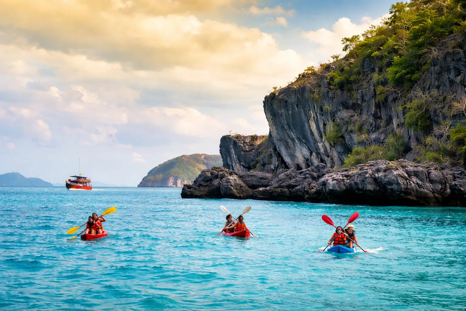 Kayaking past limestone cliffs on an Ang Thong Marine Park day tour from Koh Samui